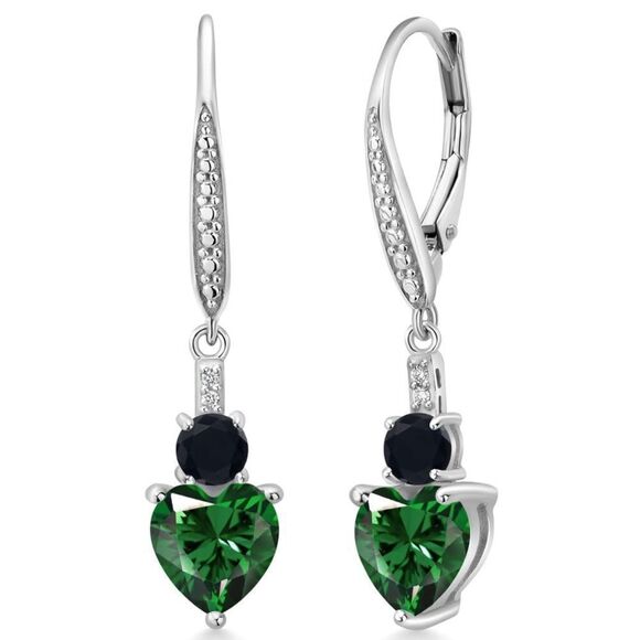 925 Sterling Silver with 2.47 Cttw Emerald and Black Onyx Heart Drop Earrings